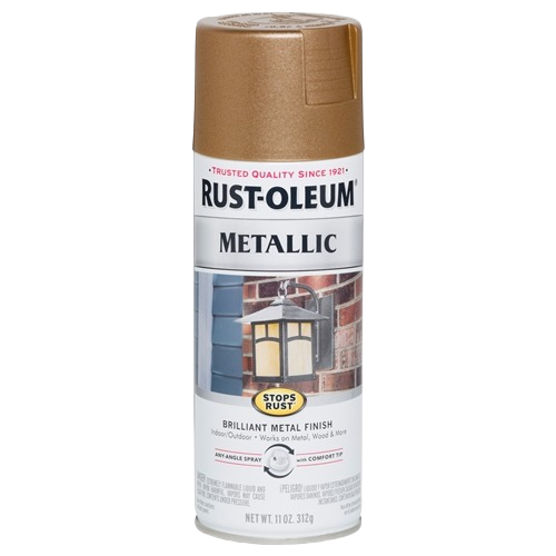 Can of metallic antique brass spray paint with image of outdoor lantern for home improvement use