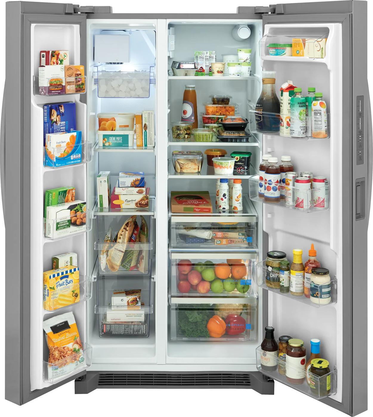 Open 26 cu. ft. side-by-side refrigerator with organized shelves, CrispSeal® Plus Crisper, and stainless steel finish from Appliances collection
