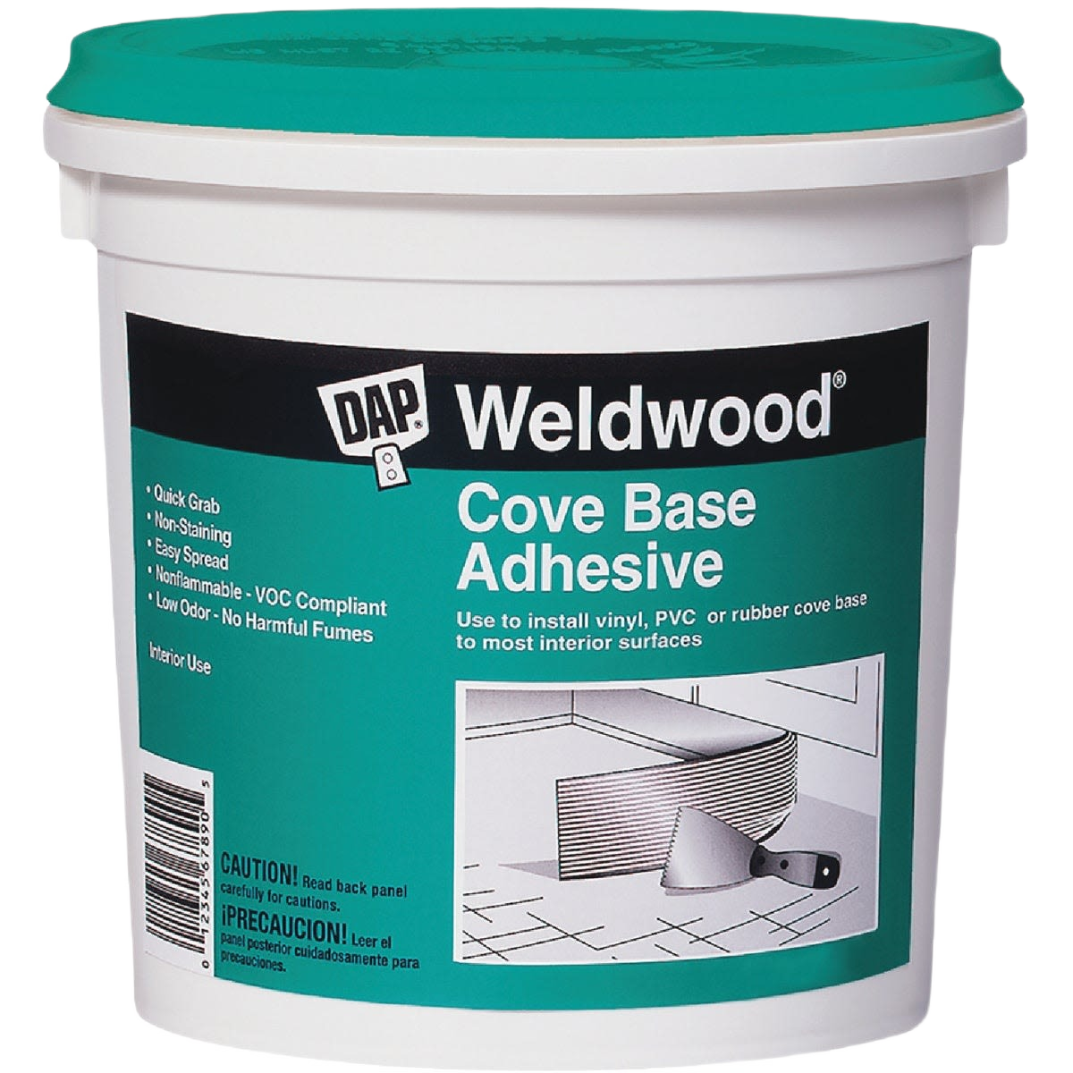 White plastic container of acrylic adhesive for vinyl and rubber cove base installation in flooring and home improvement collections