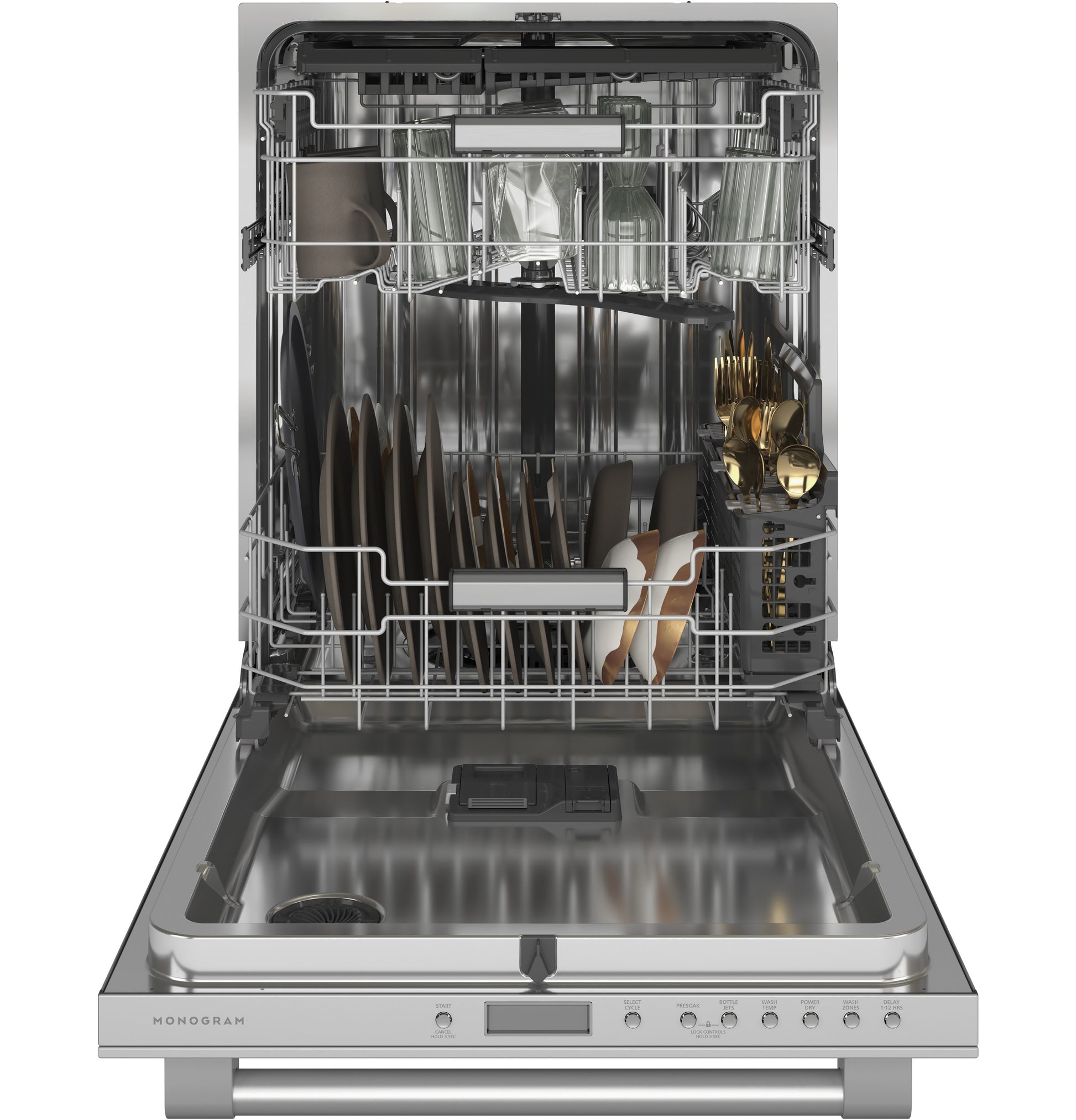 Open stainless steel fully integrated dishwasher with loaded racks and upper cutlery basket from Built-in Dishwashers collection