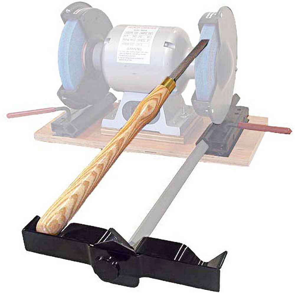 Bench grinder with attached skew grinding attachment holding a wood-turning tool for sharpening in home improvement use