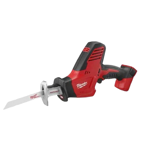 Red and black cordless one-handed reciprocating saw with blade attachment for home improvement tools use