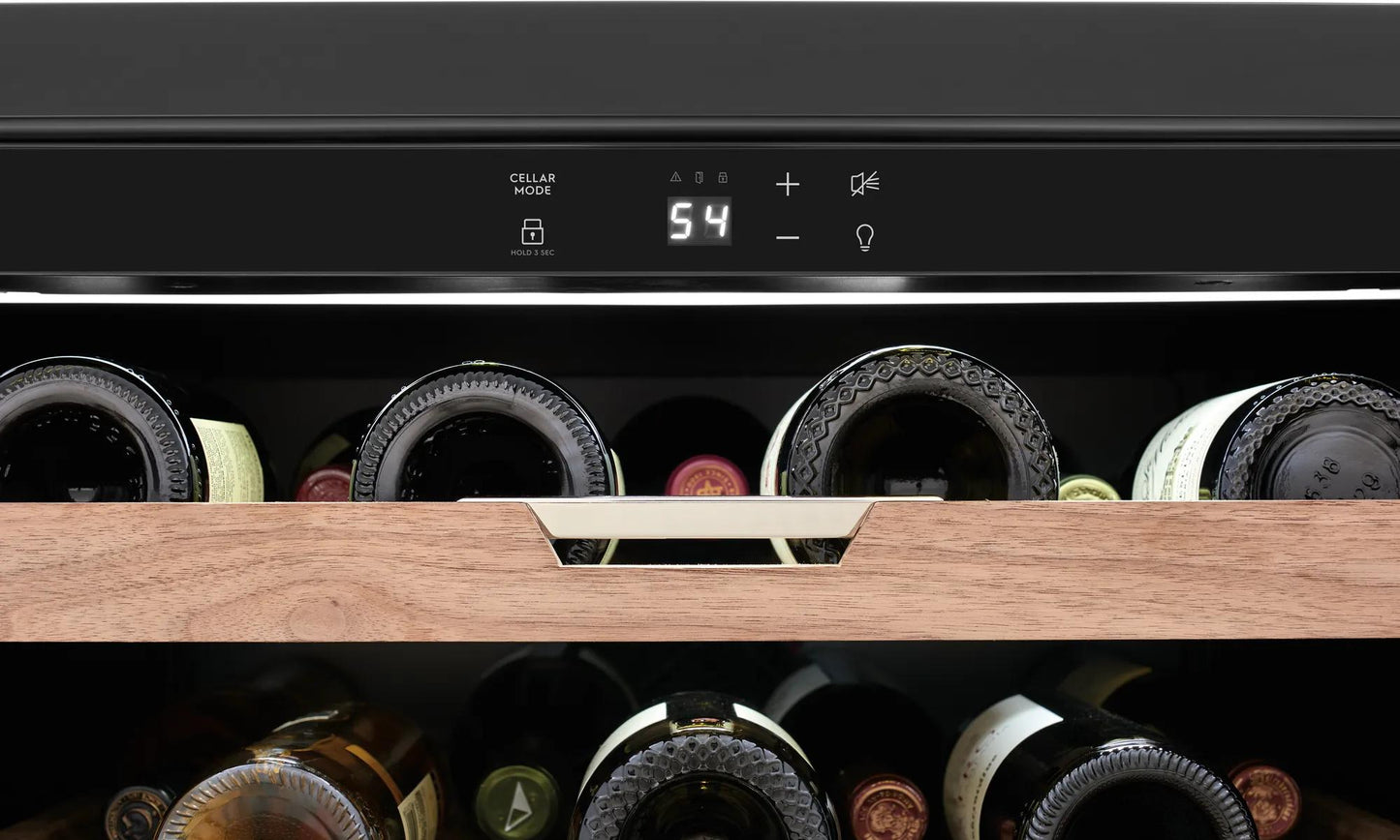Close-up of digital control panel and wooden shelving inside a 24" under-counter beverage center from mini refrigerators collection