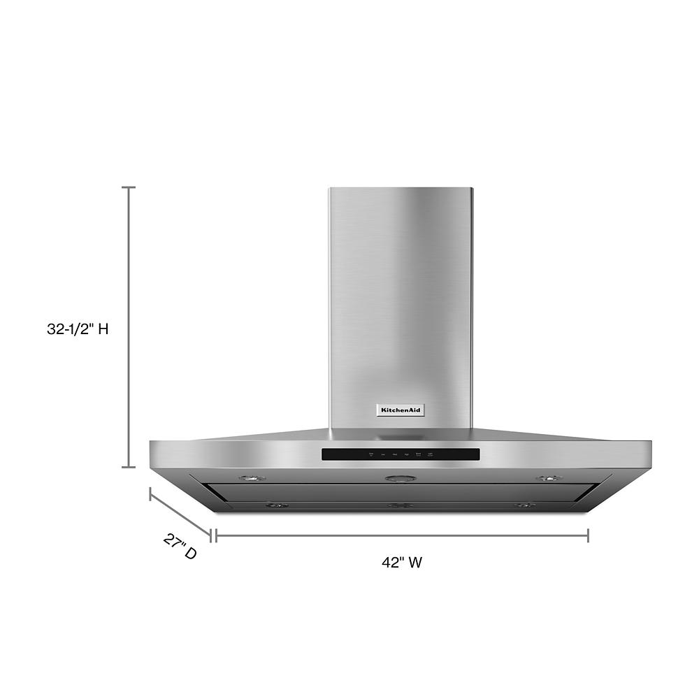 42-inch stainless steel island-mount canopy hood with 3-speed fan and LED lighting for kitchen ventilation