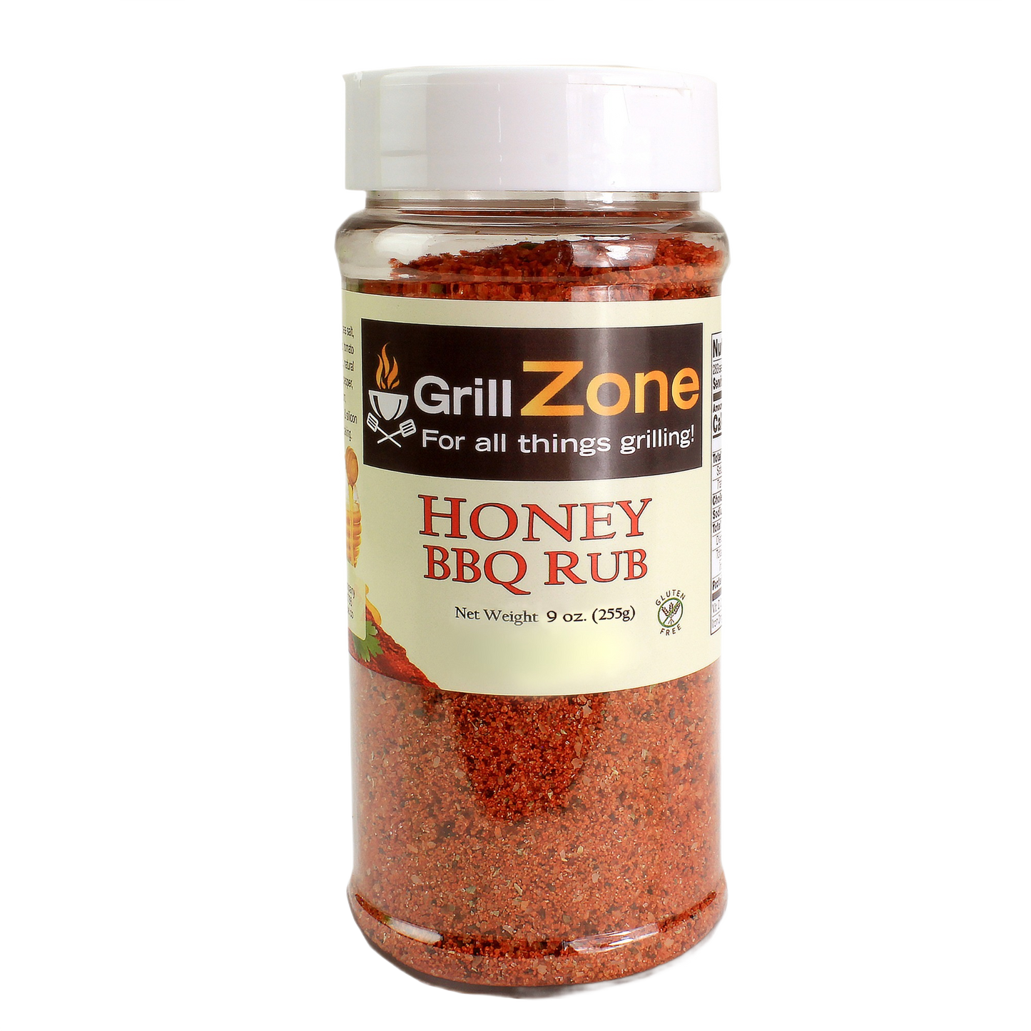 Clear plastic spice jar filled with honey BBQ rub powder for grilling and outdoor cooking collections