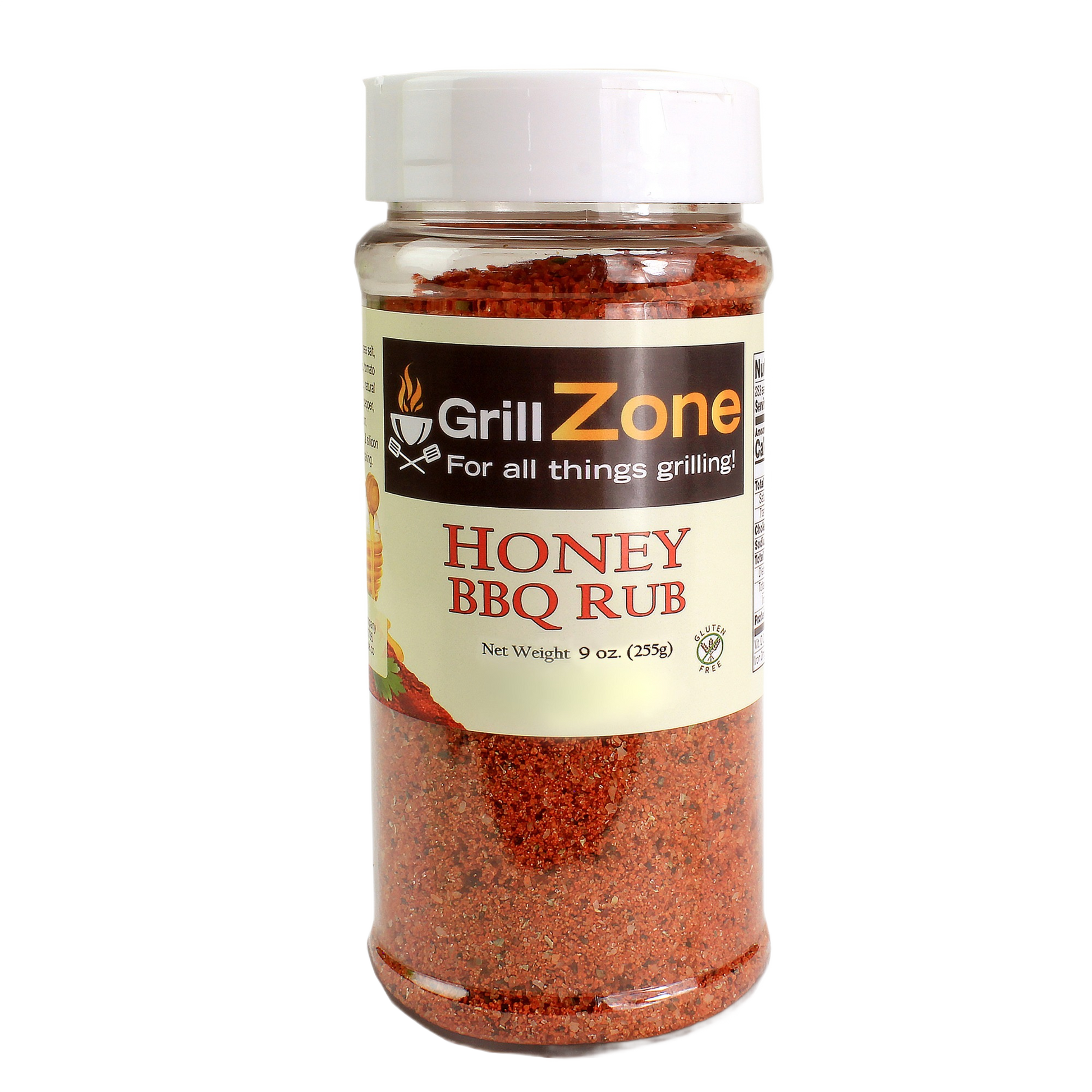 Clear plastic spice jar filled with honey BBQ rub powder for grilling and outdoor cooking collections