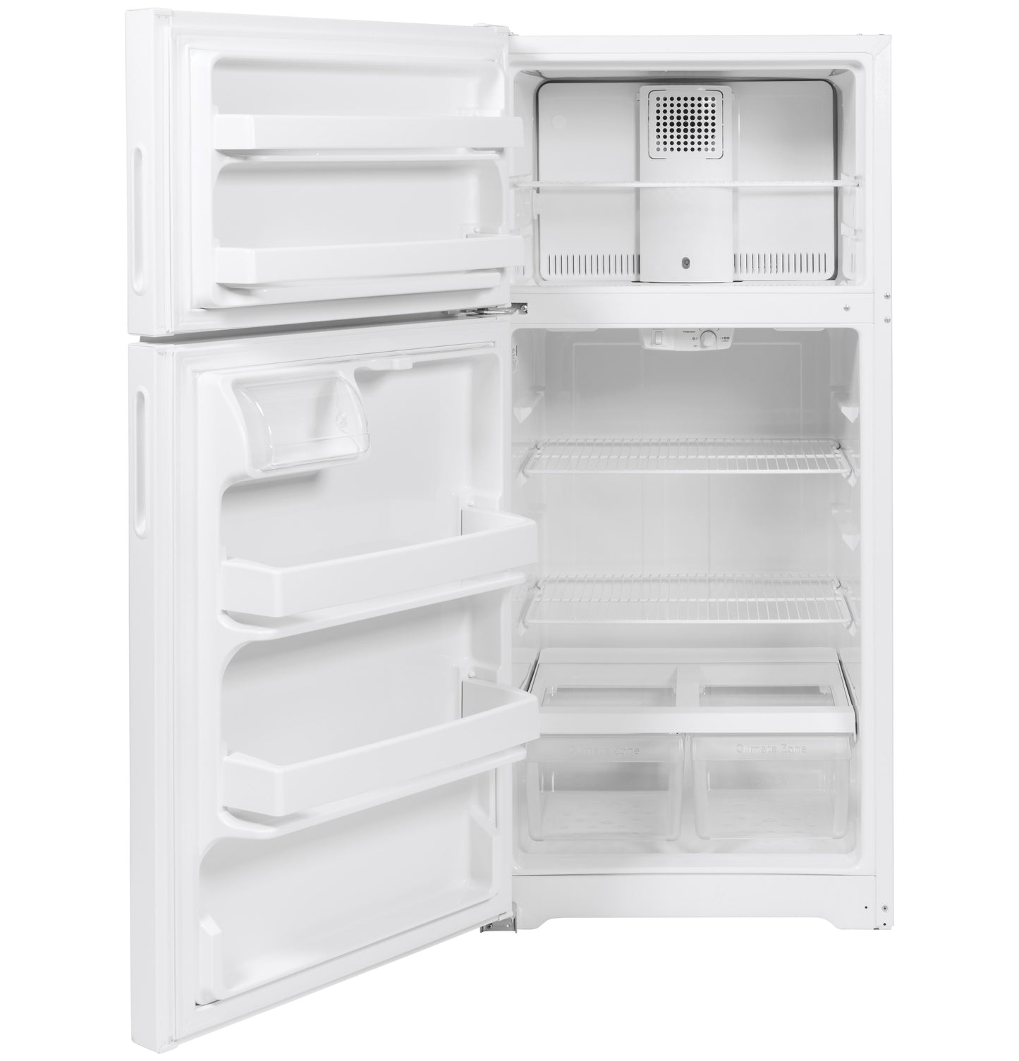 White recessed handle top-freezer refrigerator with open doors showing adjustable shelves and door storage bins in appliances collection