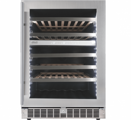 Under-counter stainless steel wine cellar with glass door, wood shelves, and digital temperature display in Appliances collection