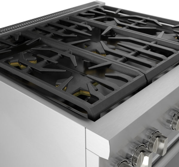 Close-up of stainless steel gas range top with heavy-duty grates and control knobs, part of kitchen appliances collection