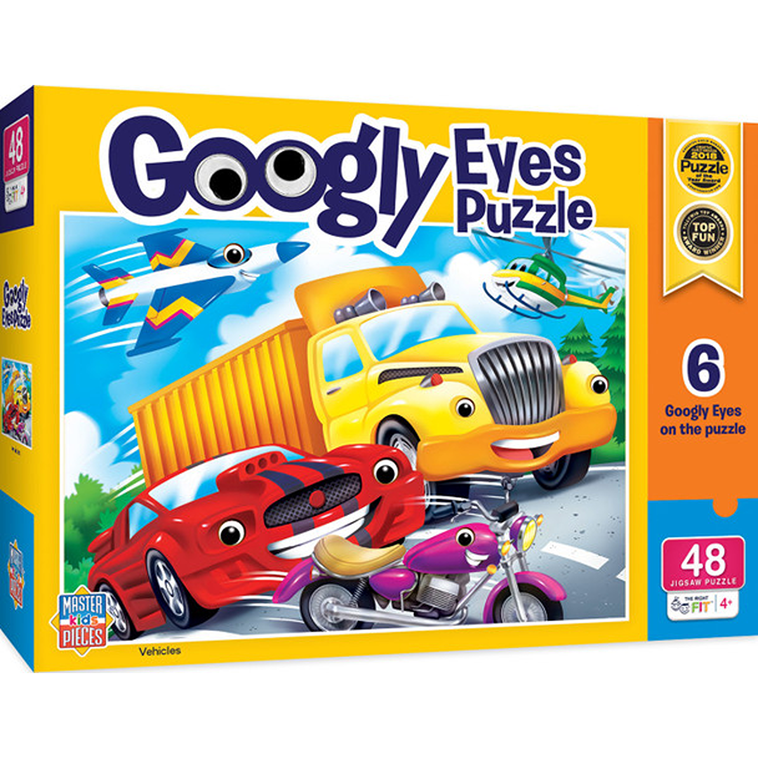 Colorful kids puzzle featuring vehicles with playful googly eyes for early learning in toys and games collection under $50