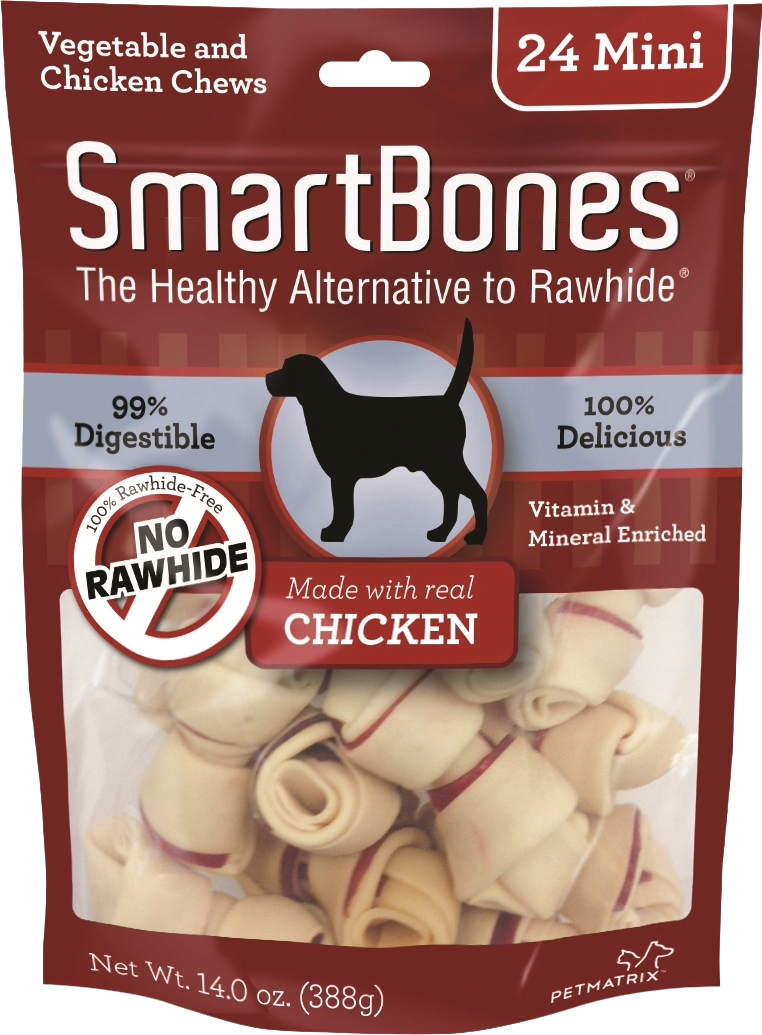 Package of 24 mini chicken chews for dogs, rawhide-free, made with vegetables, promoting dental health and digestion in pet treats collection