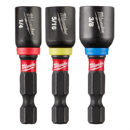 Set of three Milwaukee magnetic nut drivers with color-coded bands for tool accessories and home improvement use