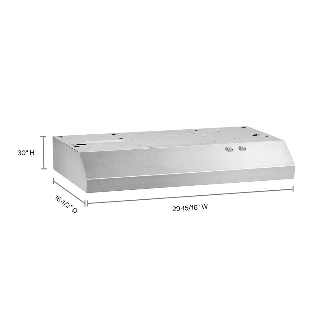 Under cabinet stainless steel range hood with full-width grease filters and push button controls in kitchen appliances collection