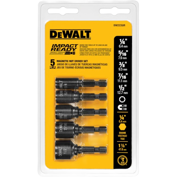 Set of five impact-ready magnetic nut drivers in various sizes with durable black finish for tools and home improvement tasks