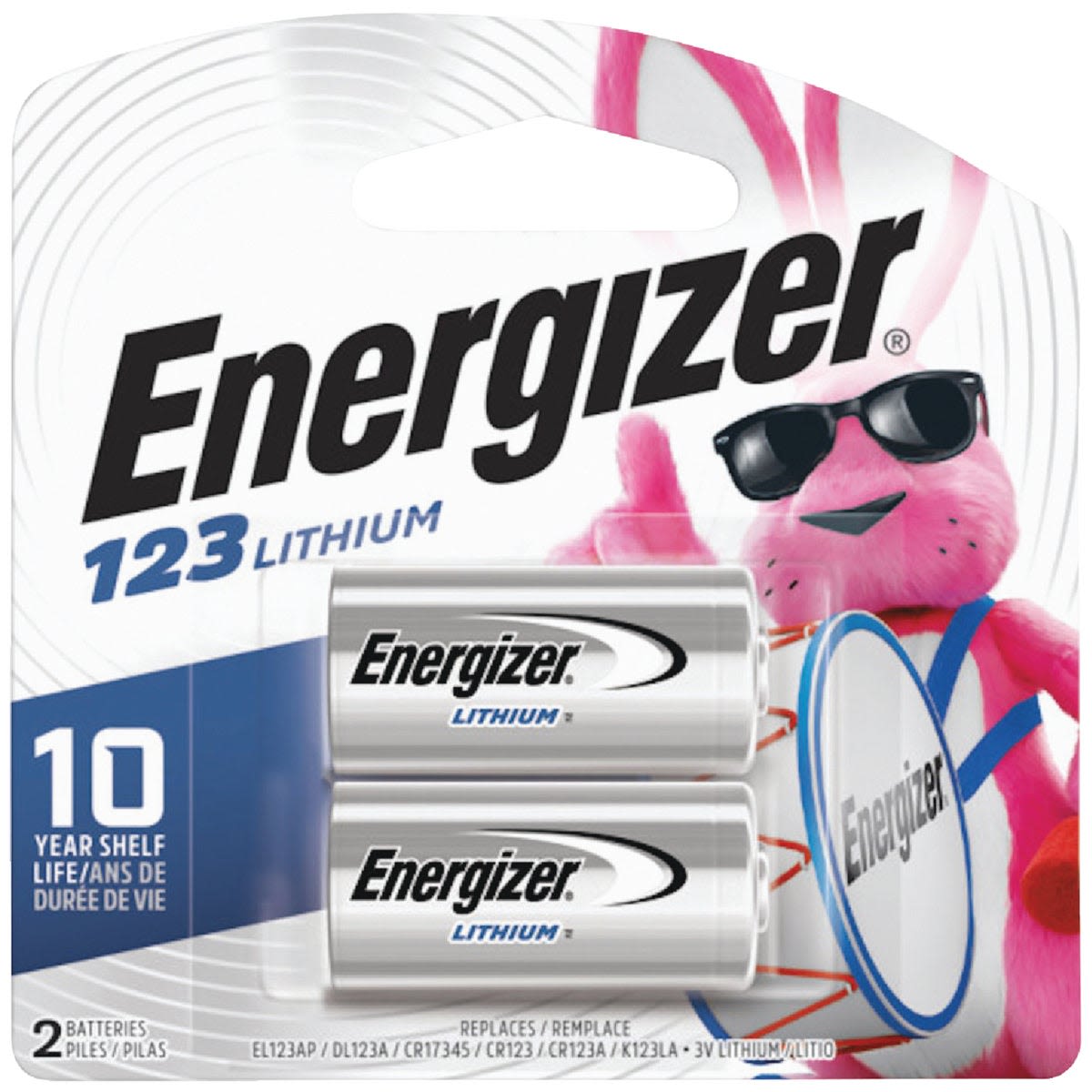 Package of two Energizer 123 lithium batteries with branding and mascot for reliable tool and home improvement use