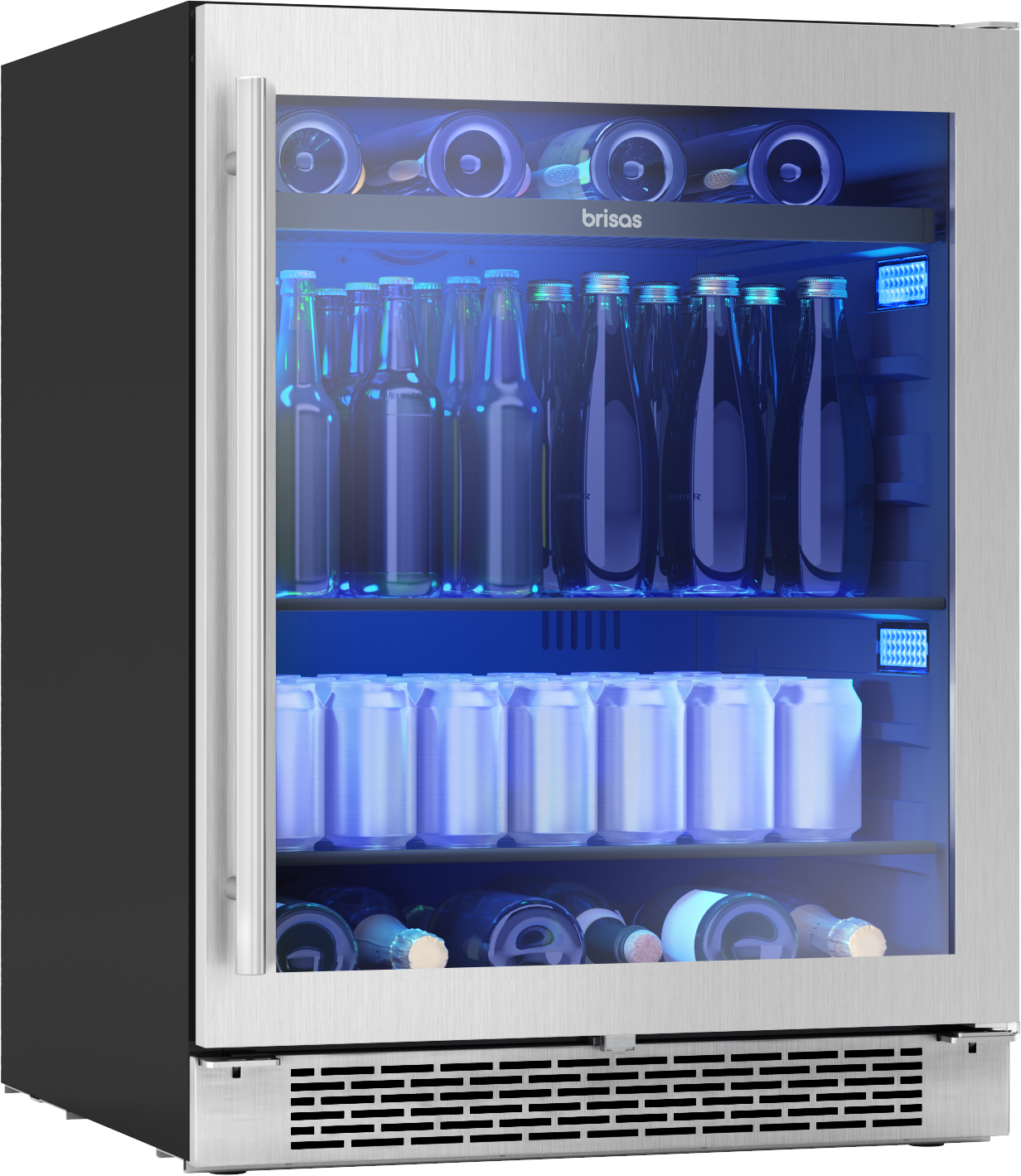 Undercounter beverage cooler with stainless steel frame and glass door, featuring blue interior LED lighting and shelves stocked with assorted bottles and cans for kitchen and beverage centers.