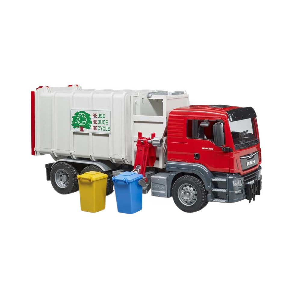 Red and white toy MAN garbage truck with blue and yellow recycling bins in Vehicles & Remote Controlled Toys collection