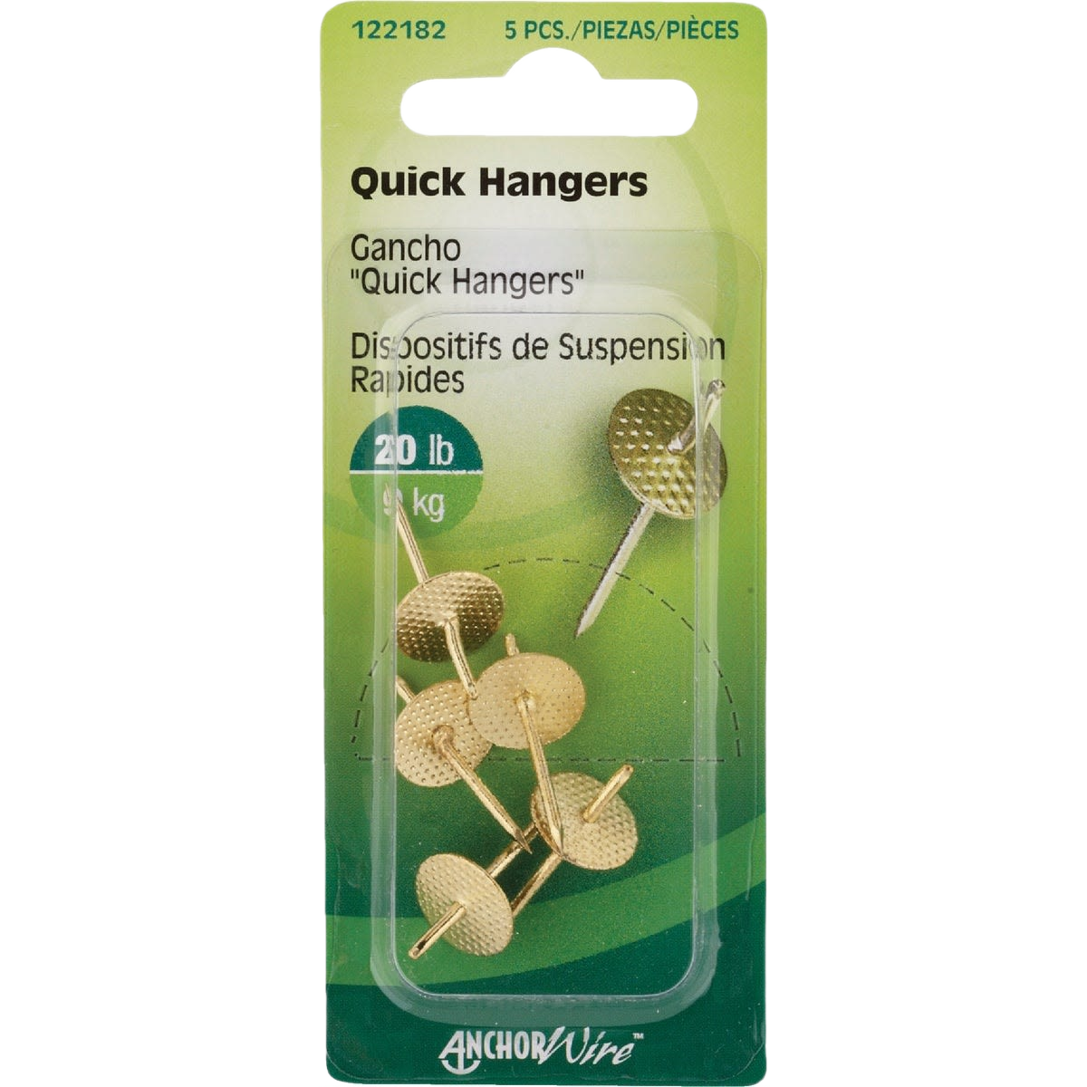 Pack of five gold-tone anchor wire quick hangers supporting up to 20 pounds in hardware and fasteners collection