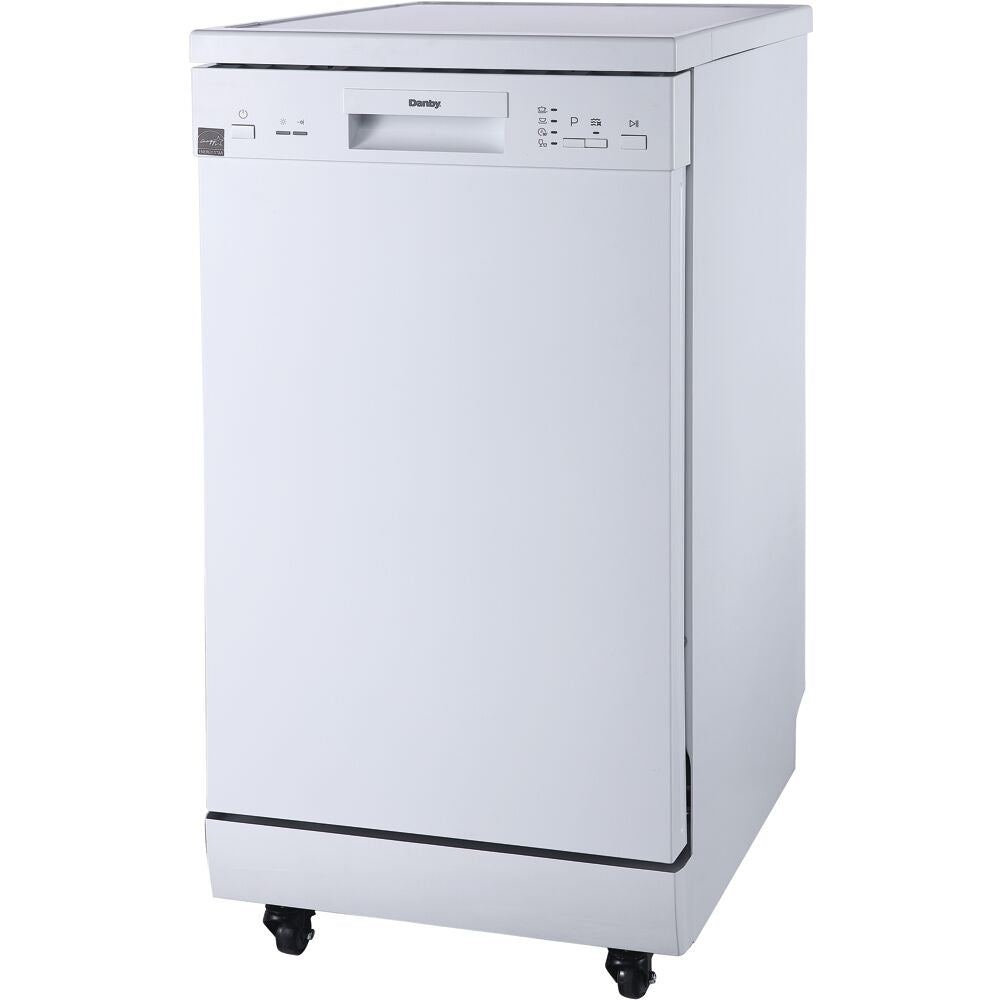 Freestanding white portable dishwasher with digital controls and compact design for kitchen appliances collection