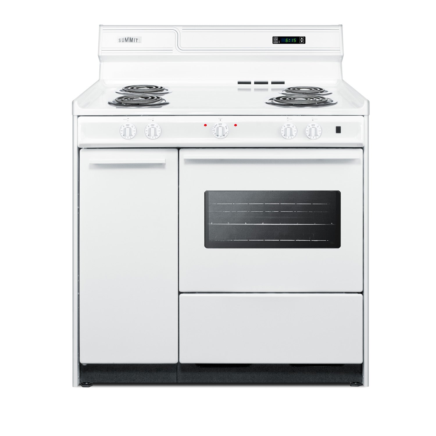 White electric coil top range with four burners and oven window for home cooking and kitchen improvement projects