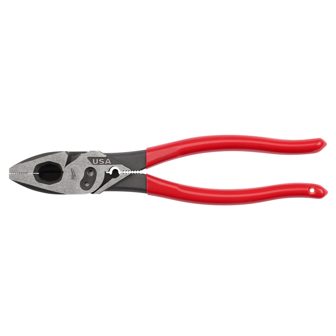 9-inch lineman's pliers with red dipped handles featuring crimper and bolt cutter for home improvement tasks