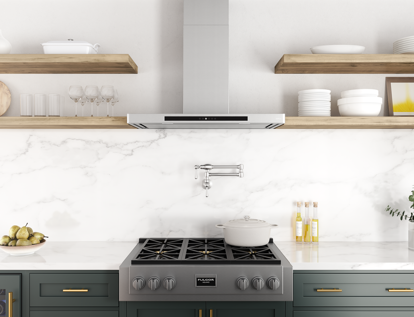 Minimalist stainless steel chimney hood with invisible touch controls above gas range in modern kitchen setting