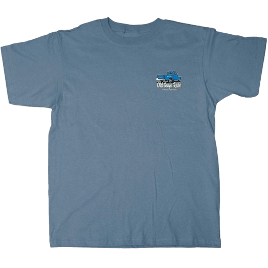 Blue men's shirt with vintage truck graphic and subtle Old Guys Rule text in casual men's clothing collection