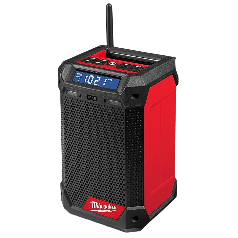 Portable red and black radio with digital display, control buttons, and antenna for tools and home improvement use