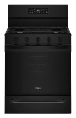 black freestanding gas range with digital control panel and five control knobs in ranges and kitchen appliances collection