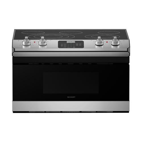 Stainless steel smart electric cooktop with five heating elements, digital controls, and integrated microwave drawer in kitchen appliances