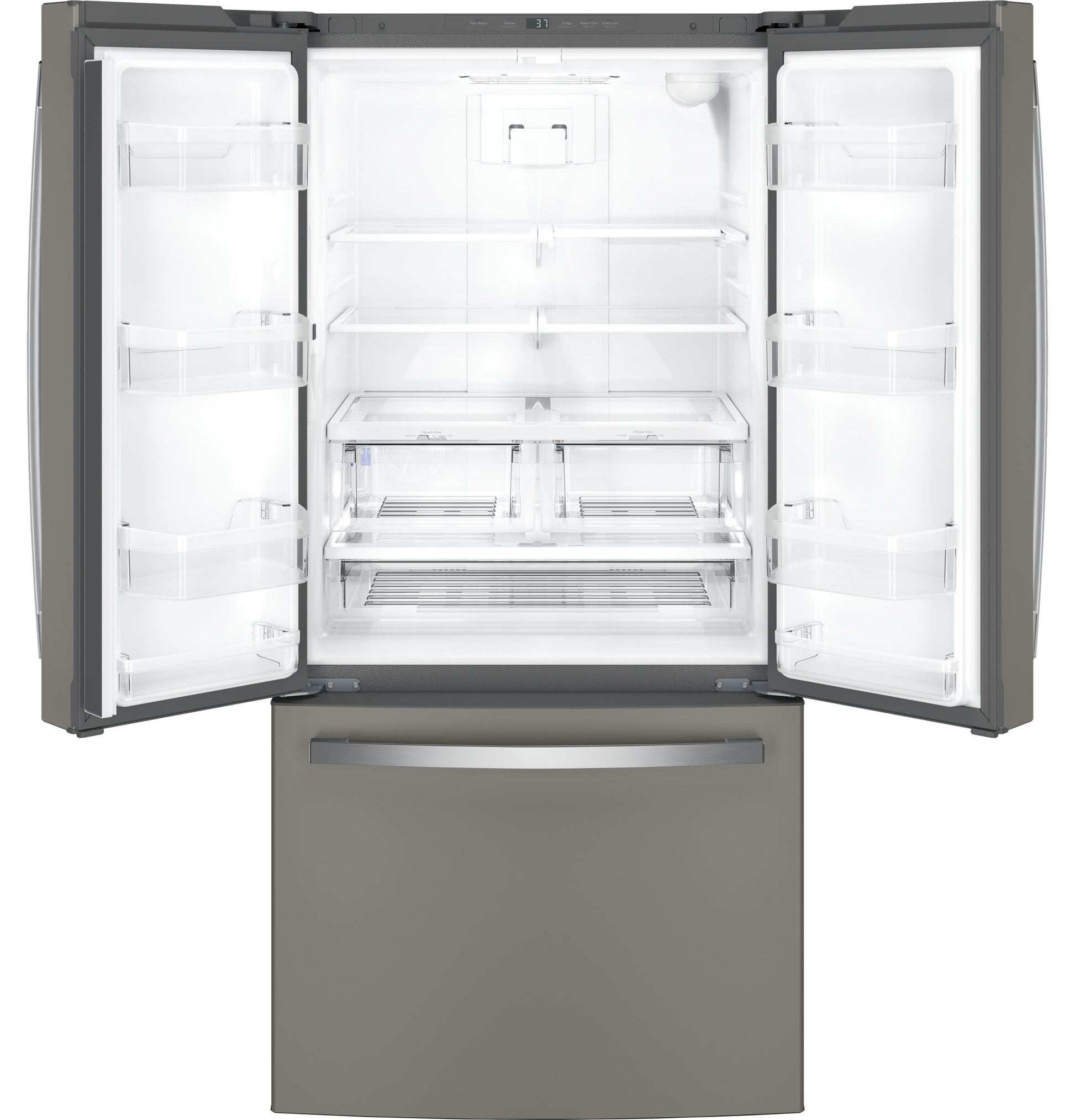 Open counter-depth French door refrigerator in matte gray with spacious interior shelves and bottom freezer drawer in appliances collection
