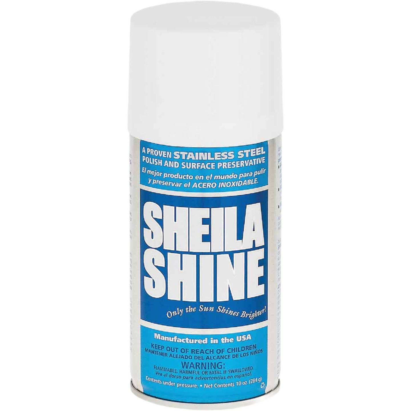 Blue and white can of stainless steel polish and surface preservative spray for grill cleaning and outdoor living maintenance tasks