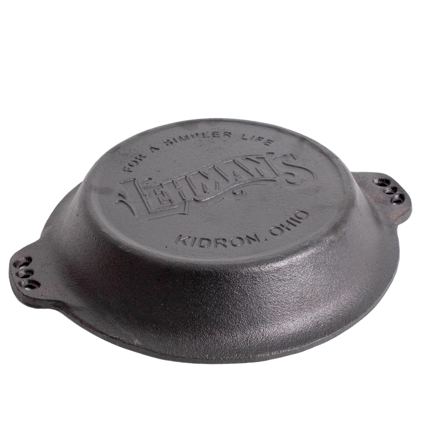 Cast iron pan upside down showing embossed Lehman's logo and handles, part of Kitchenware and Under $50 collections