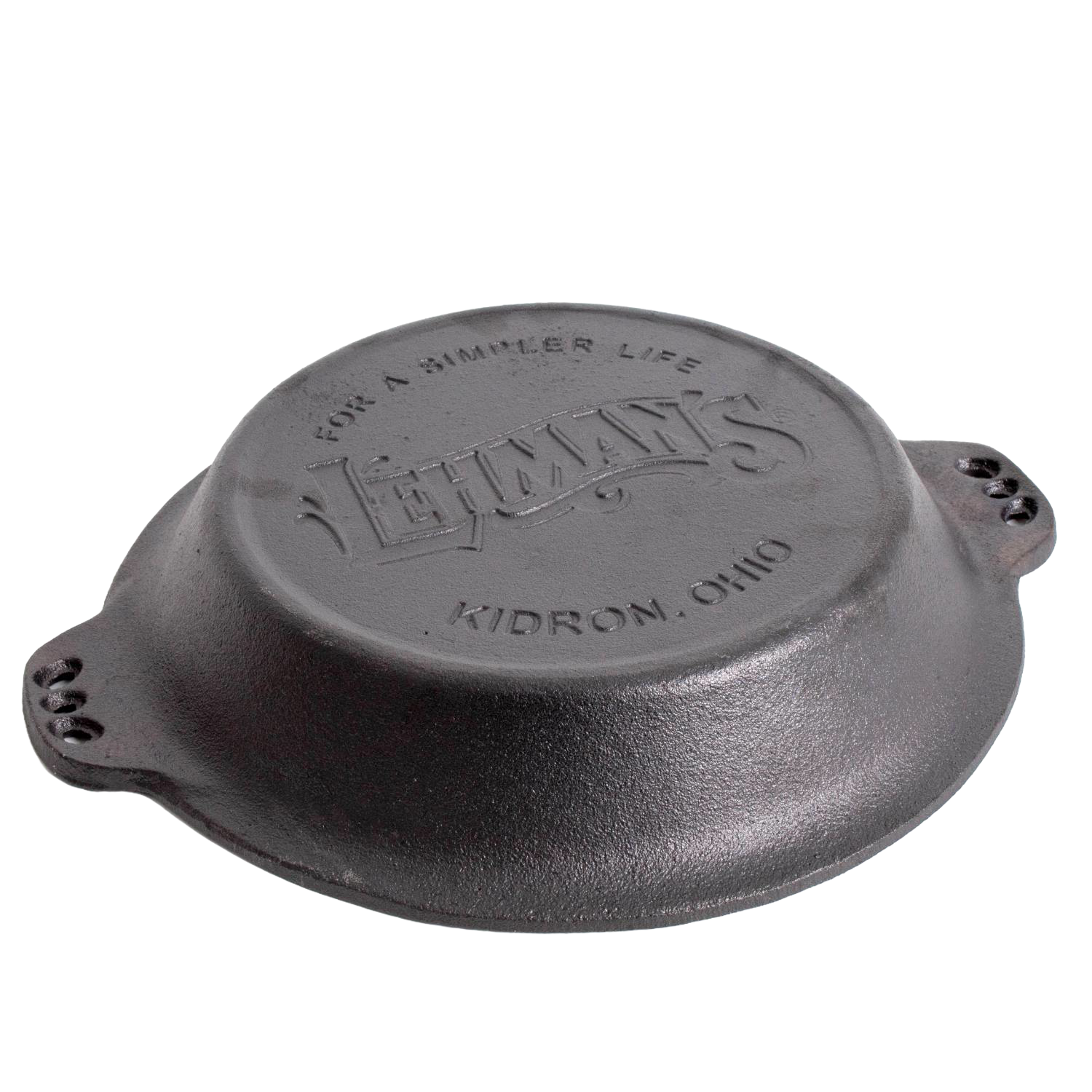 Cast iron pan upside down showing embossed Lehman's logo and handles, part of Kitchenware and Under $50 collections