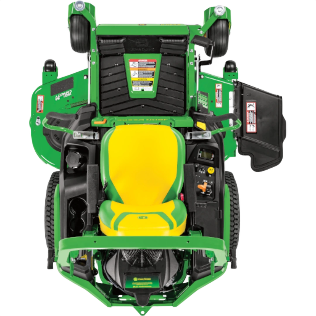 Top-down view of a green and yellow zero-turn mower with 60-inch deck and ergonomic operator seat for home improvement tasks
