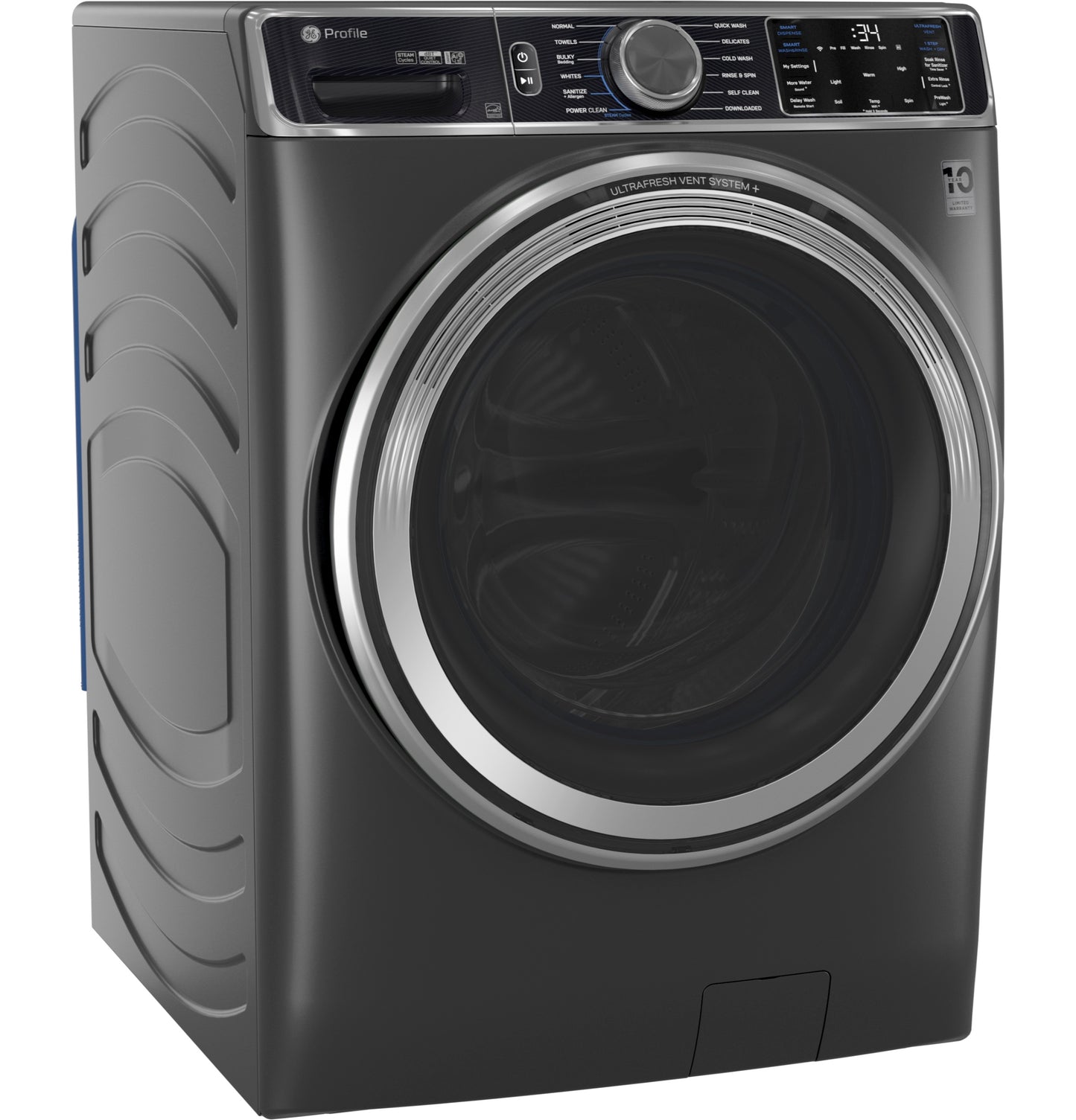 Smart black front load washer with large round door, digital display, and UltraFresh Vent System in Washers & Dryers collection