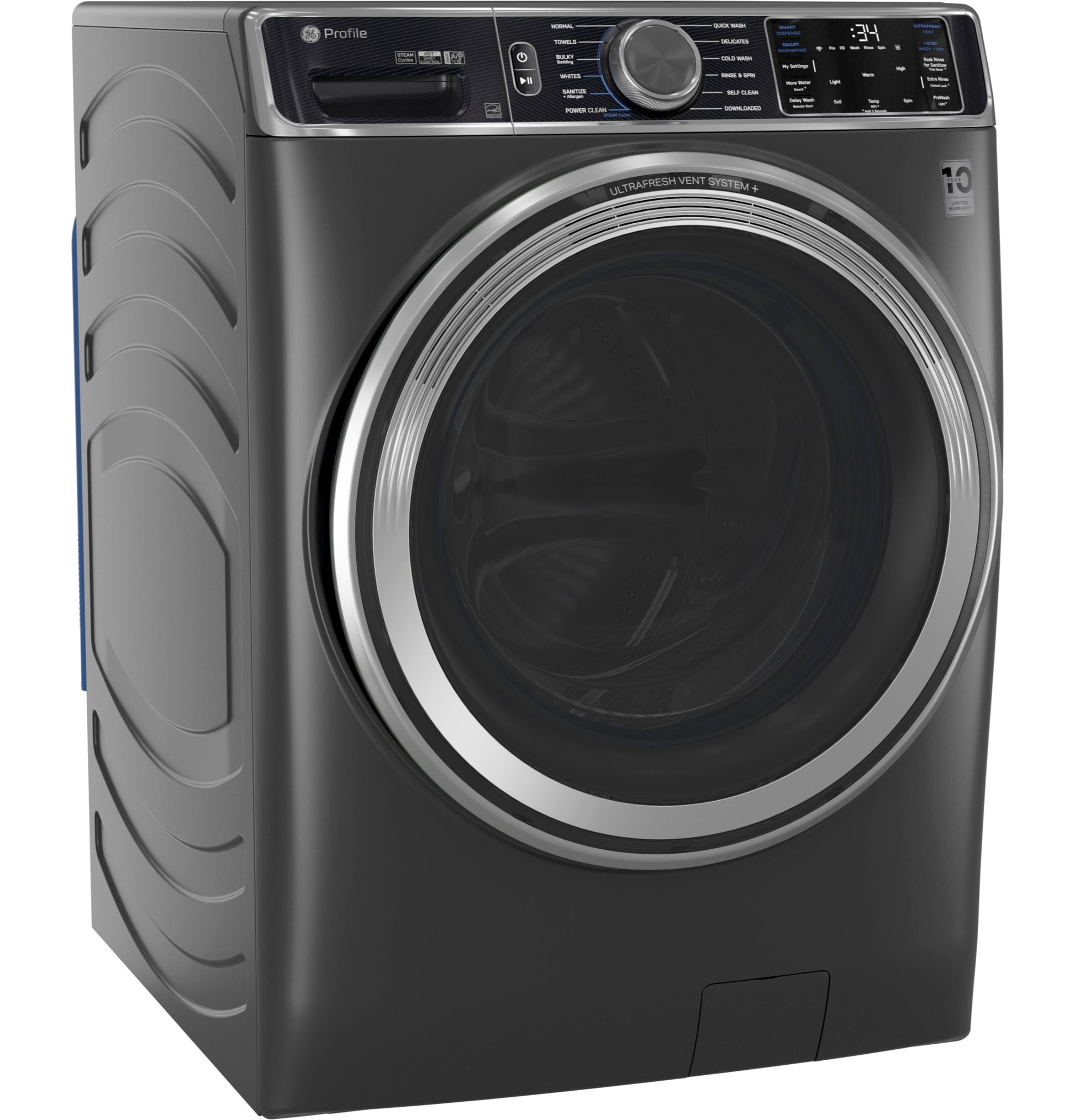 Smart black front load washer with large round door, digital display, and UltraFresh Vent System in Washers & Dryers collection