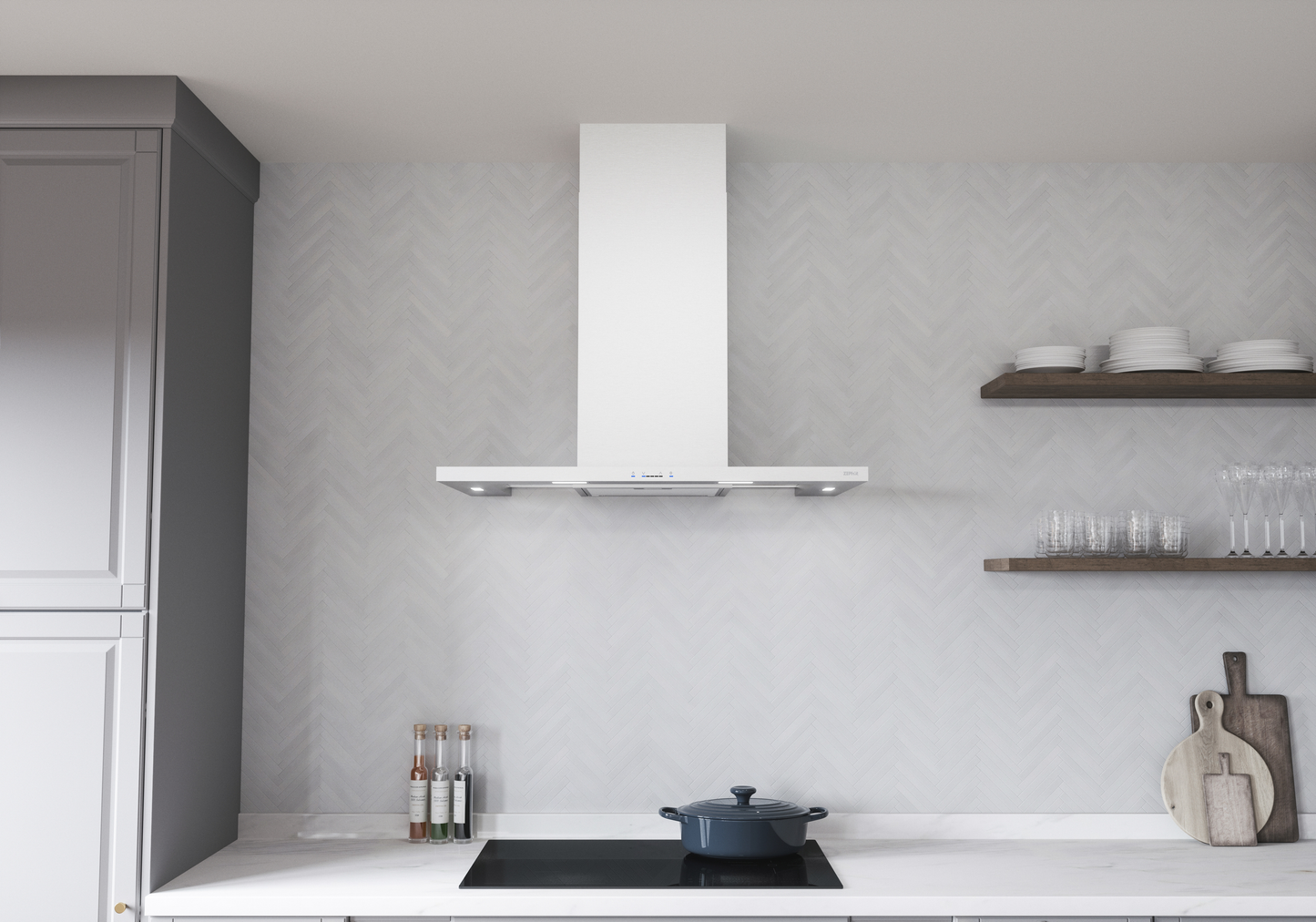 White 36-inch chimney hood with integrated LED lighting and touch controls, part of kitchen and range hood collections
