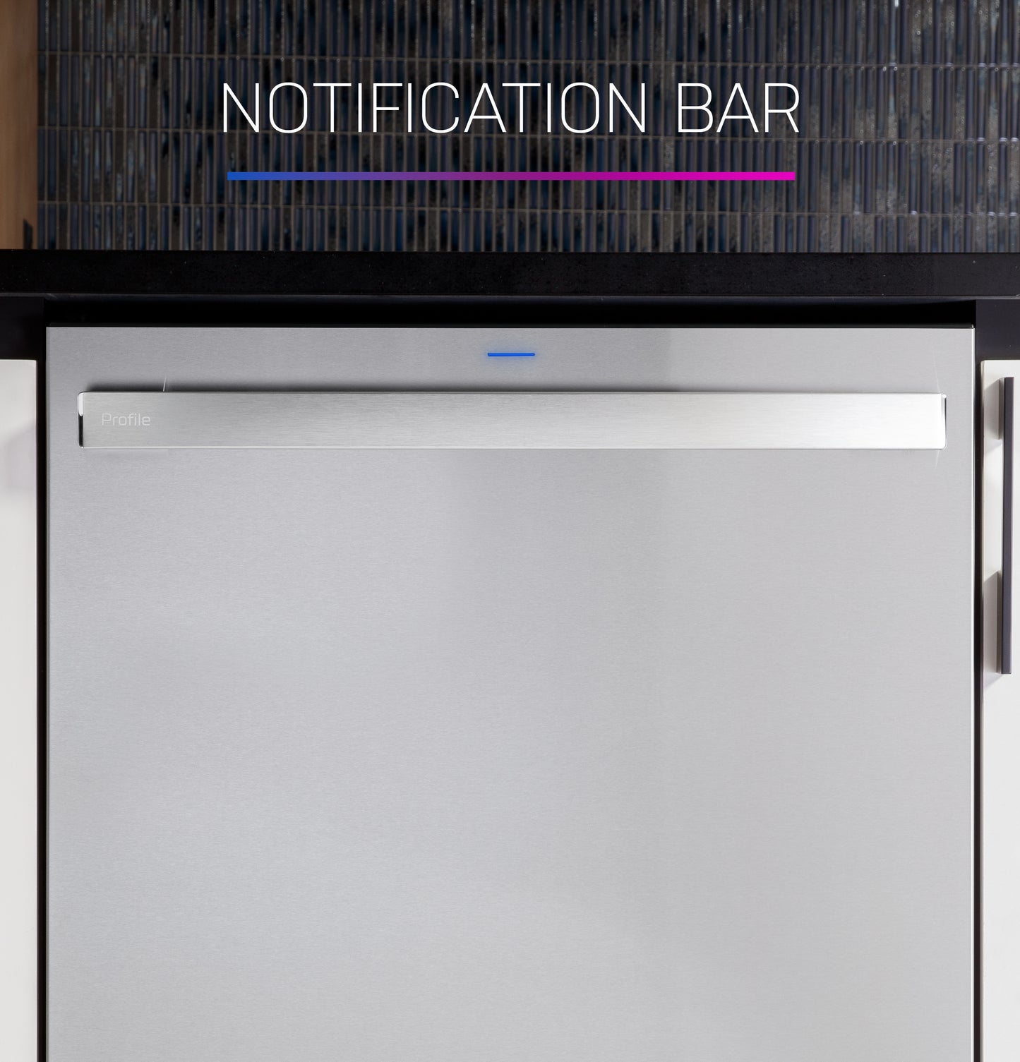 Built-in stainless steel dishwasher door with illuminated notification bar in modern kitchen appliances collection