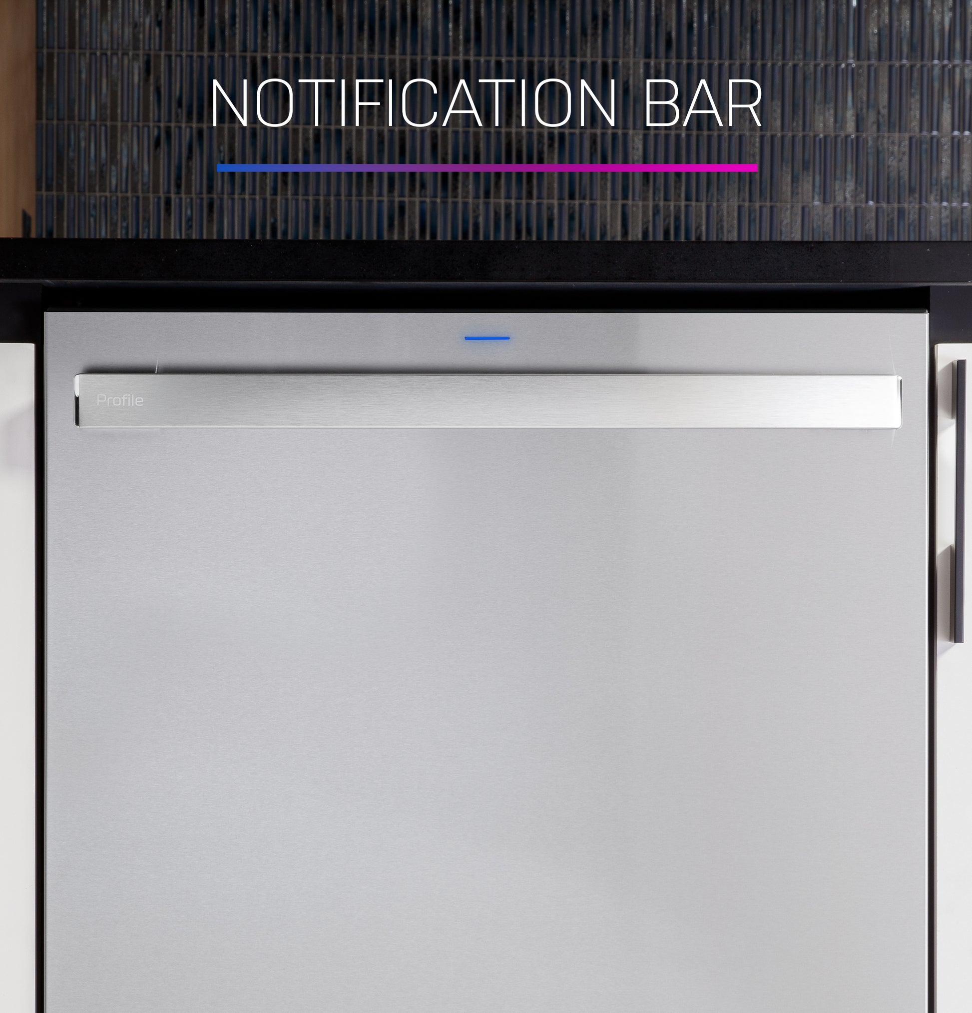 Built-in stainless steel dishwasher door with illuminated notification bar in modern kitchen appliances collection