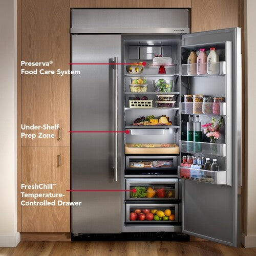 built-in side-by-side refrigerator with platinum interior showing storage zones for food preservation and temperature control