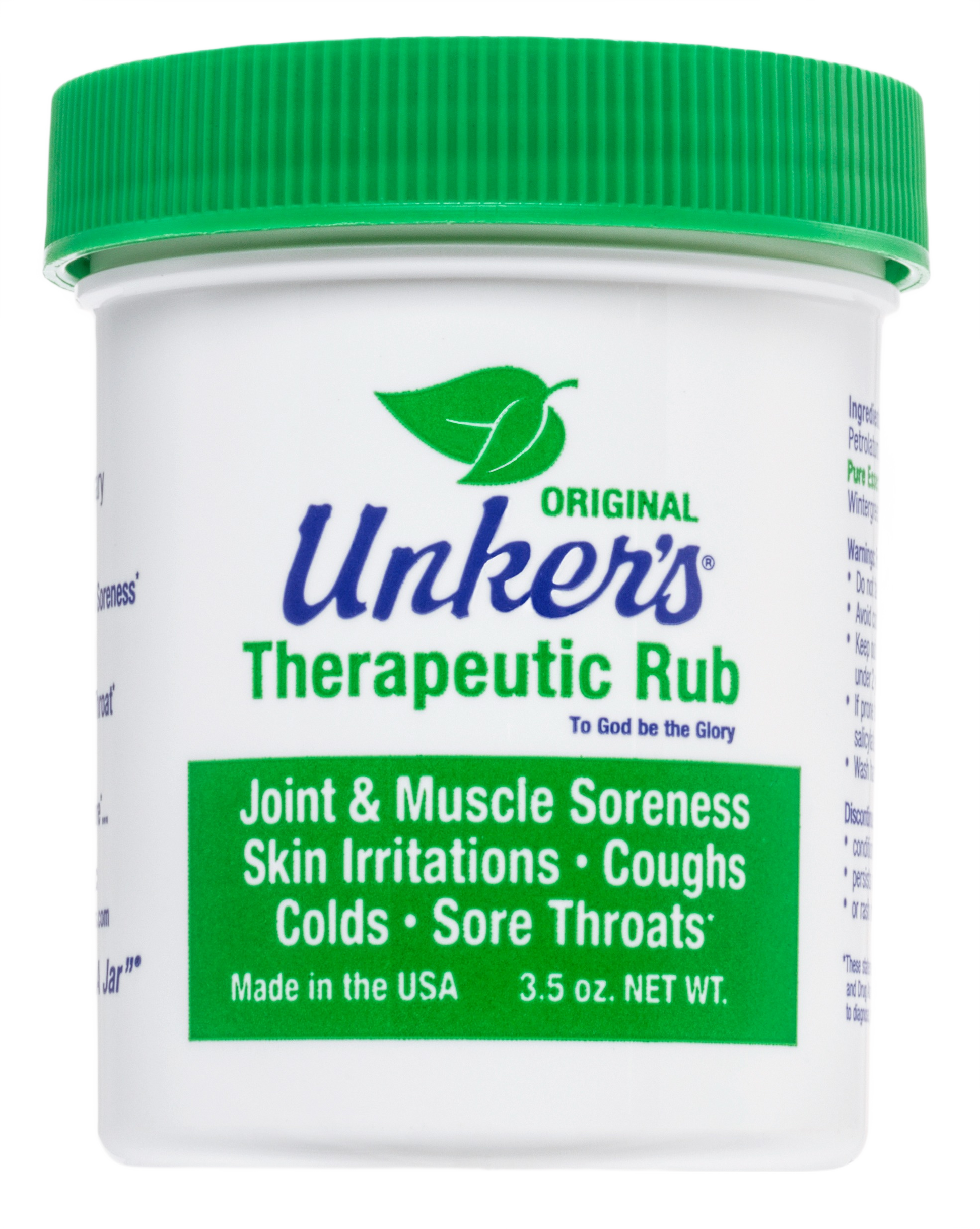 White jar of Unker's Therapeutic Rub with green lid for joint soreness and skin care in Health & Beauty collection