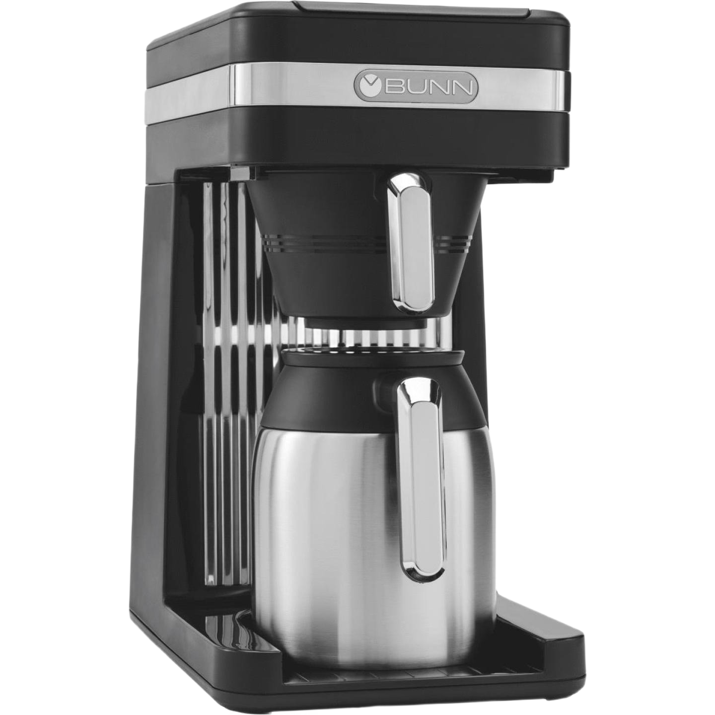 Black and stainless steel thermal coffee maker with glass carafe for brewing fresh coffee in home settings