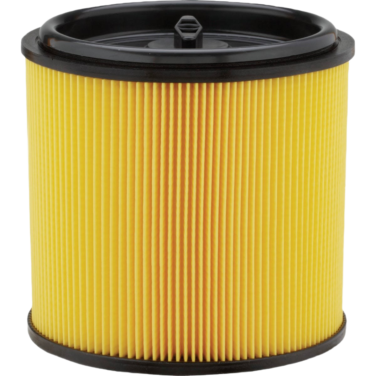 Yellow cylindrical vacuum cartridge filter with black top and bottom edges for tools and home improvement projects