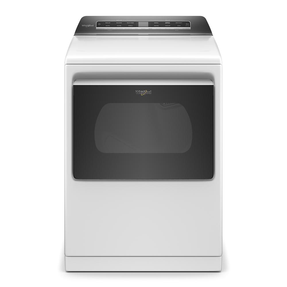 Front view of white top load electric dryer with dark tinted door panel from Dryers and Appliances collections