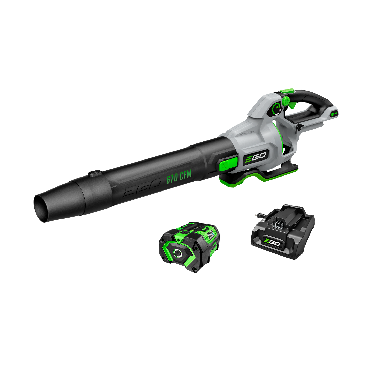 Cordless leaf blower in black and gray with green accents, battery and charger for home improvement tools use
