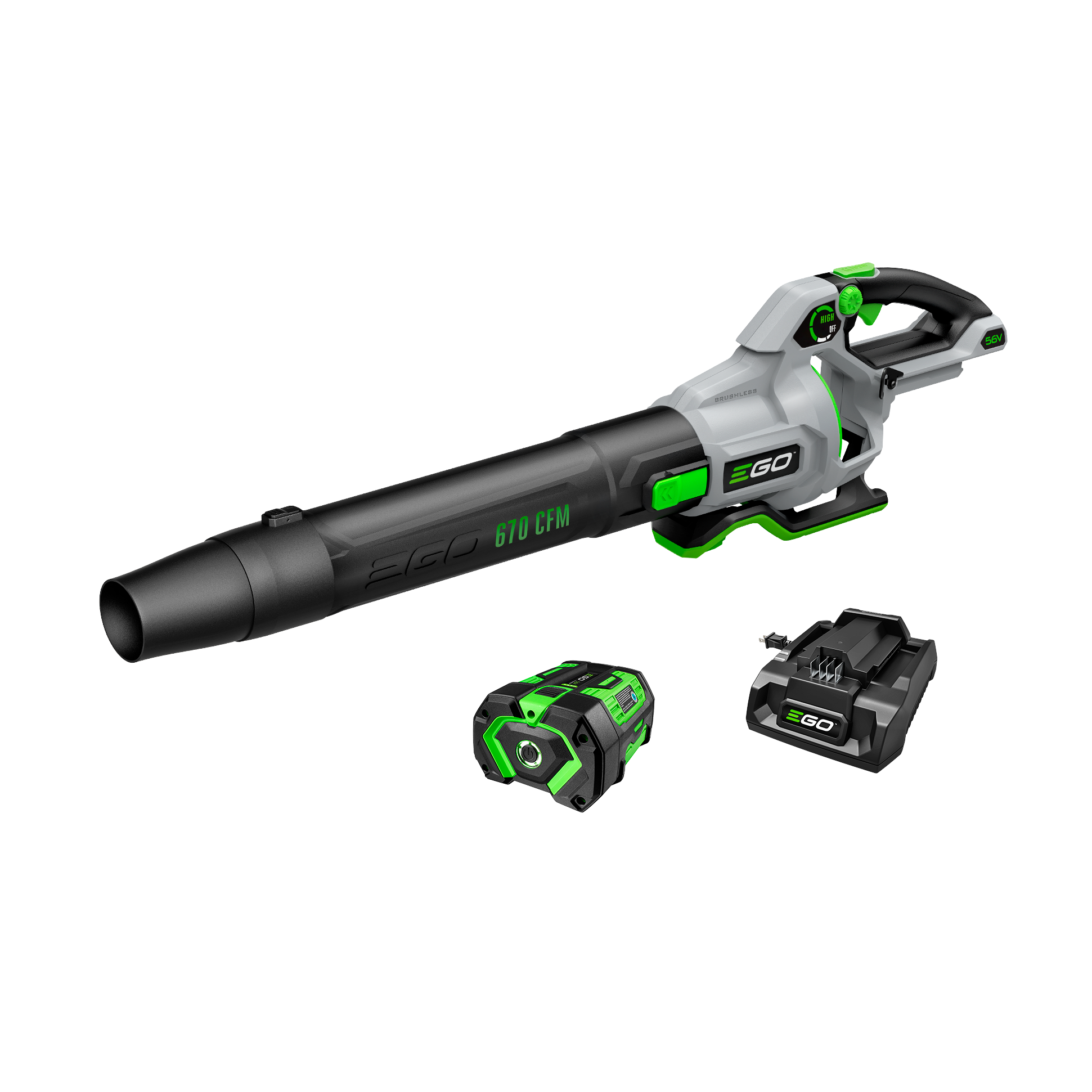Cordless leaf blower in black and gray with green accents, battery and charger for home improvement tools use