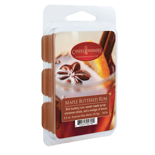 Packaging of Maple Buttered Rum scented wax melts with cinnamon sticks and lemon wedge imagery on label