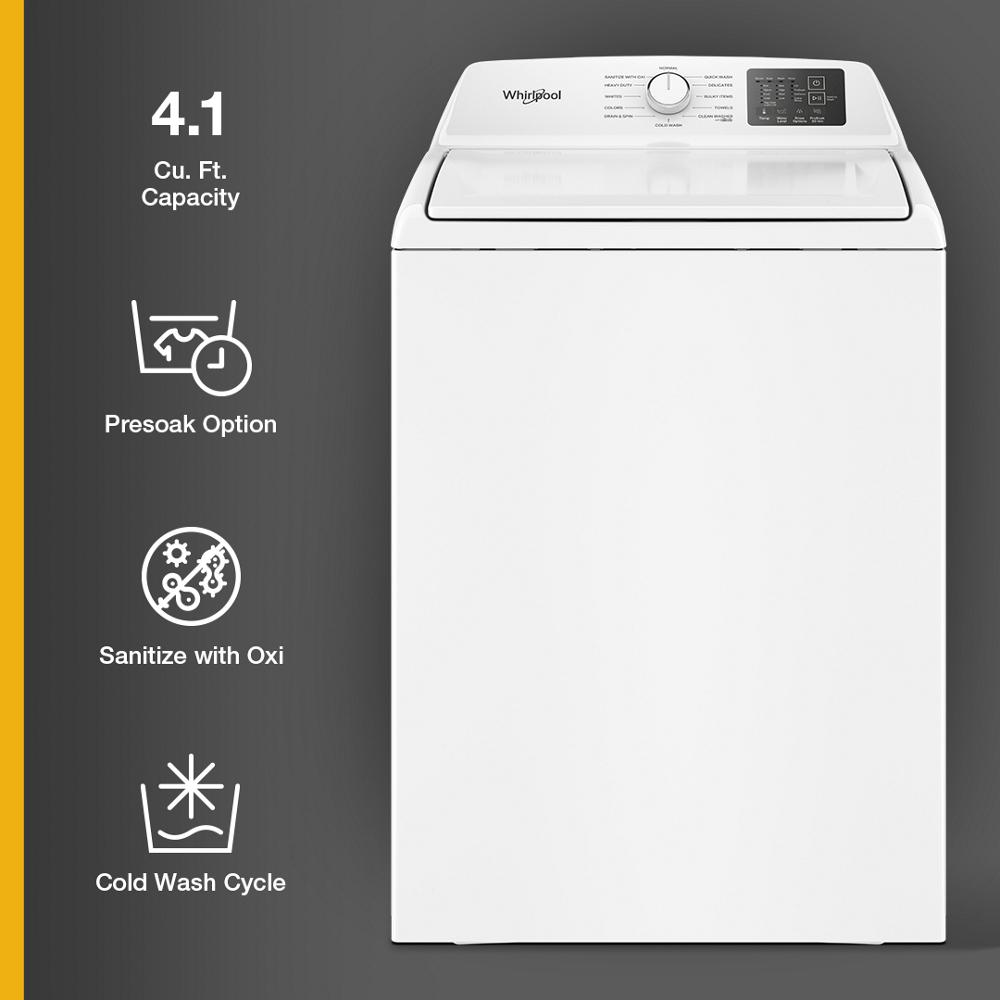 White Whirlpool top load washer with control panel and highlighted presoak, sanitize, and cold wash cycle options in washers collection