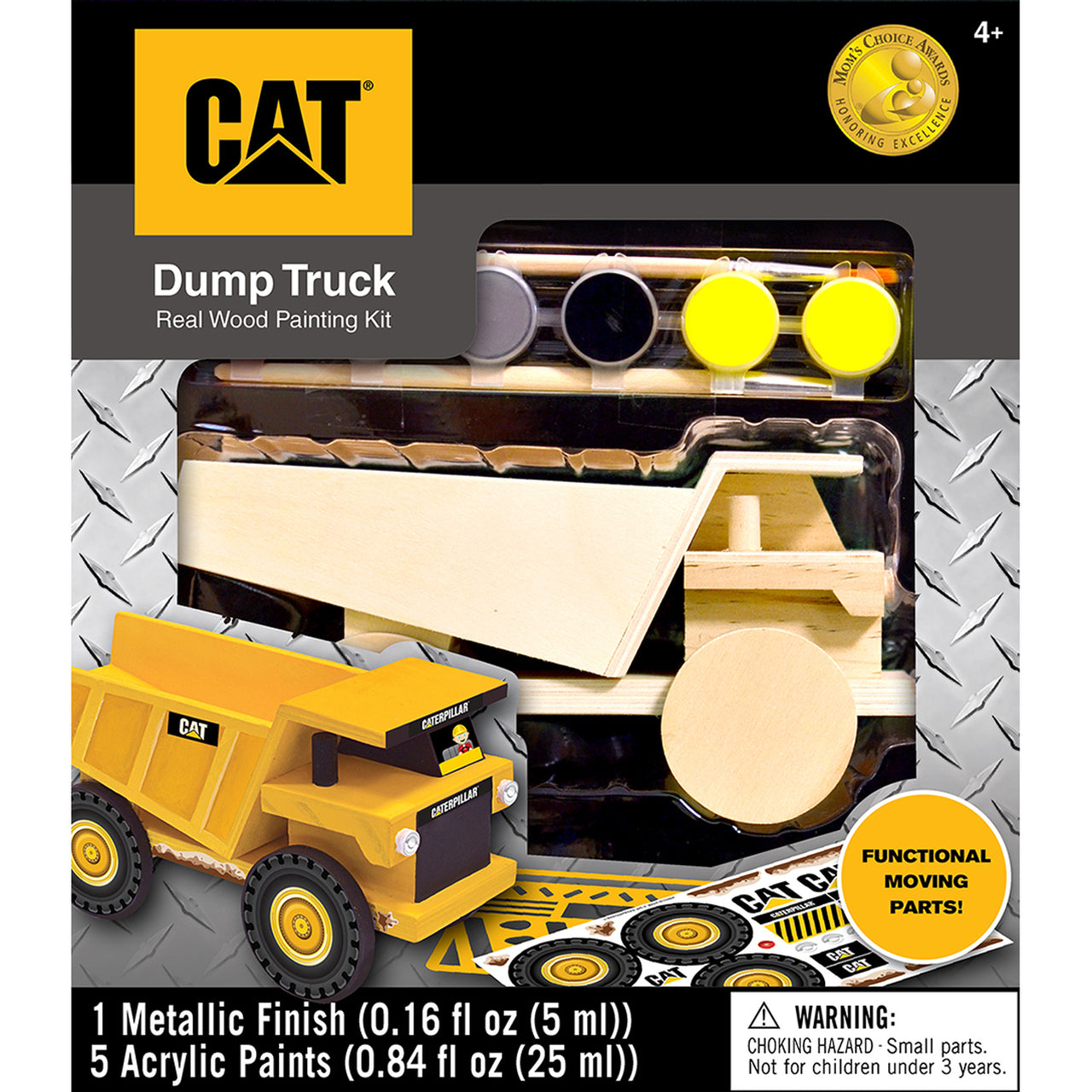 Wooden dump truck paint kit with five acrylic paint colors and stickers for customizable construction toy projects